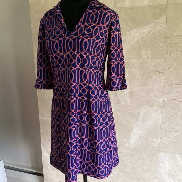 Jude Connally Michelle Dress Small Navy Geometric Stretch 3/4 Sleeve USA $268 - Picture 3 of 11
